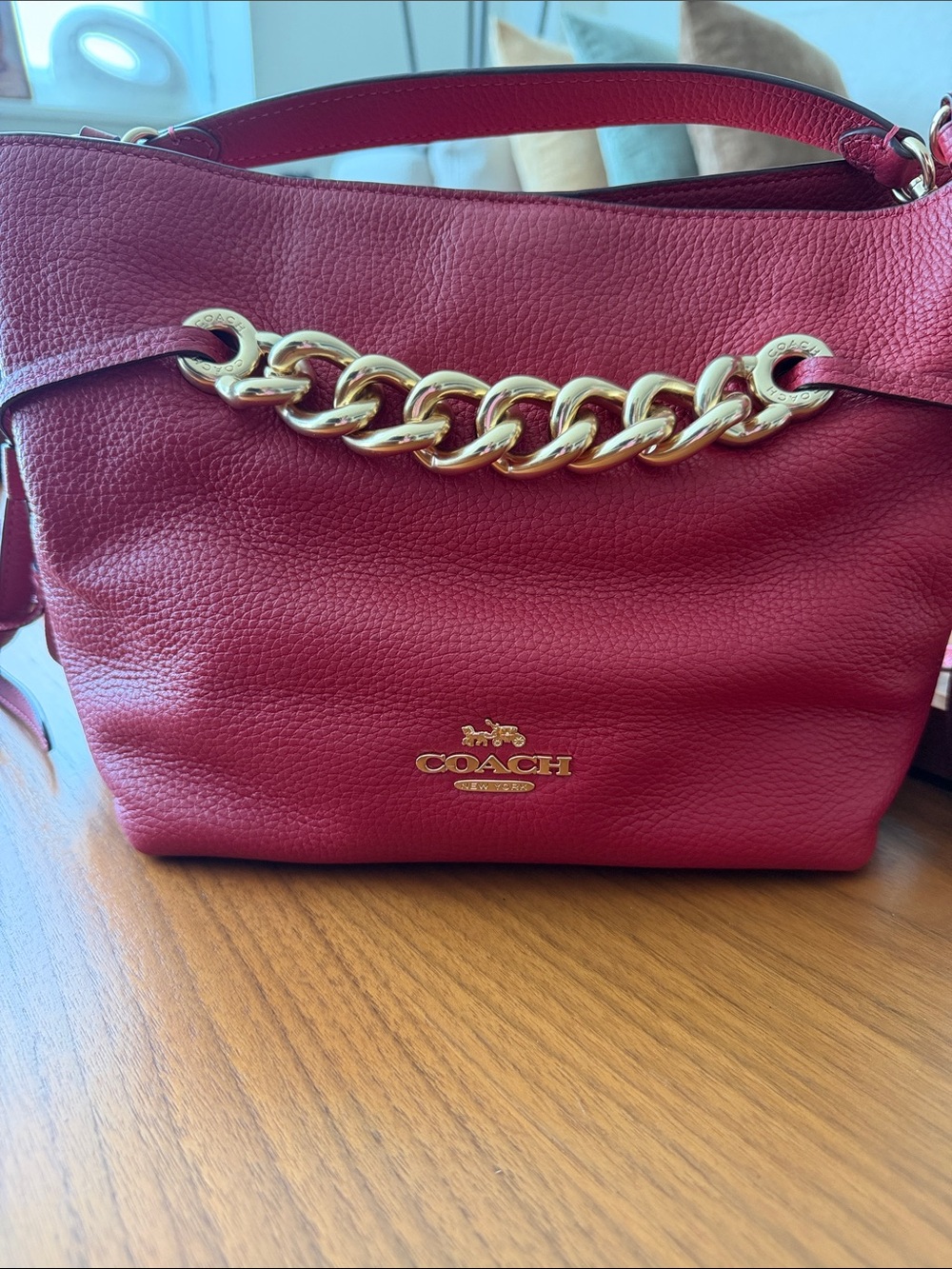 Coach Red Pebbled Leather Shoulder Bag with Gold Chain Detail